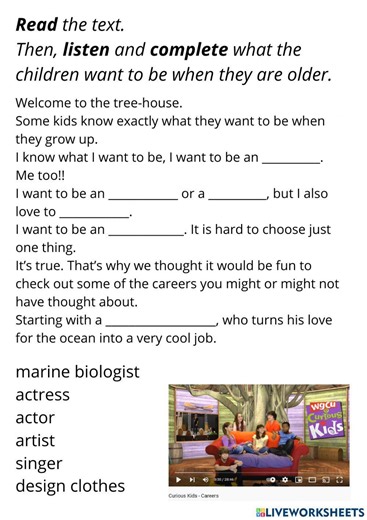 Jobs for kids short video worksheet
