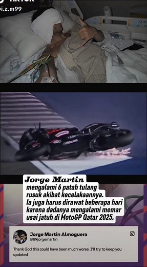 Jorge Martin, Mengalami kesialan. Baru sekali tampil setelah pulih, ia mengalami kecelakaan dalam balapan di Qatar, Senin dinihari WIB, 14 April 2025, dan kembali mengalami cedera yang cukup serius. #motogp #crash #jorgemartin #fyp #capcut #beritamotogp