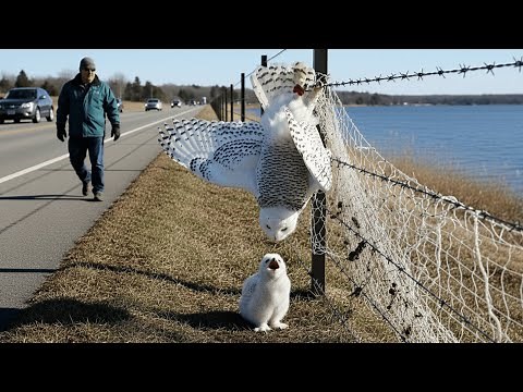 Rescuing a Snowy Owl Mother Trapped on a Barbed-Wire Fence – Her Chick Waiting for Her Below