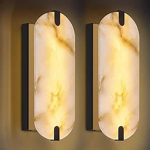 14.17in Alabaster Wall Sconces, Natural Marble Wall Light Set of Two, Modern LED Alabaster Sconces for Living Room Indoor Wall Lamps for Dining Room Stairs Bedroom,Black