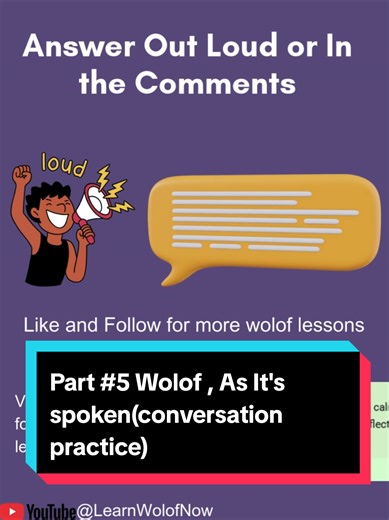 Wolof, As It's Spoken. Conversation practice. Pause and answer or duet the video to answer the questions. Also answer in the comments. #tiktokviral #tiktokgambia #conversationpractice #learnontiktok #learnwolof