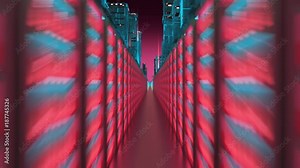 Digital city of the hi-tech. Transfer of information to the data center and the cloud storage. 3D Animation of the flight between skyscrapers over the road from servers. Futuristic business background