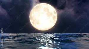 Big Moon at Night and Wave Ocean Loop. Moon reflection light at night and ocean wave in a seamless loop.