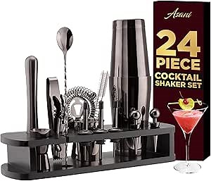 Asani Cocktail Shaker Set Bartender Kit - 24-Piece Home Bartending Kit with Stand and Recipe Booklet - Includes Cocktail Mixer, Corkscrew, Hawthorne Strainer, Double Jigger and More Bartender Tools