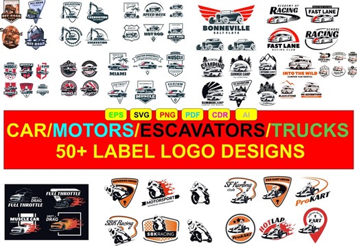 50+ Car and Motor Logo Design Bundle, Vehicle Vector Labels, Truck and Excavator Clipart, Motorsports SVG, Racing Graphics, Digital Download - Etsy