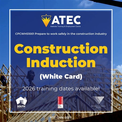 Get Site-Ready with our Construction Induction – White Card Course! Kickstart your construction career with ATEC’s nationally accredited White Card Course, your essential first step into the building, construction, and civil industries. Delivered at our Lonsdale and Ottoway Skills Centres, this course provides the Work Health & Safety (WHS) knowledge and confidence you need to work safely on-site. 👷‍♀️👷 📅 Upcoming Dates & Locations for 2026 Lonsdale: 19 Jan 2026 Ottoway: 30 Jan 2026 Lonsdale:
