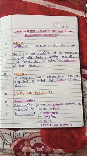 Class 7|| Science Chapter 7 ||Weather , Climate And Adaptation of Animals To Climate ||Notes ||