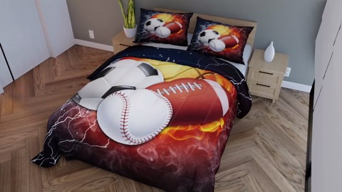Football Bedding Set Baseball Full Size Comforter Sets Basketball Bedding Soccer Comforter with 2 Pillow Case, Sports Themed Room Decor for Boys Kids Teens, Fire and Ice Decoratives 3 Piece, Cozy