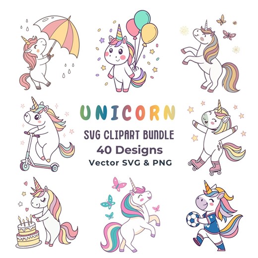 Unicorn SVG Clipart Bundle, 40 Designs, Vector SVG & PNG, Kids Birthday Clipart Set, Digital Download - Etsy