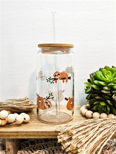 Sloth Iced Coffee Glass Cup, 16 Oz Tumbler With Lid and Straw - Etsy