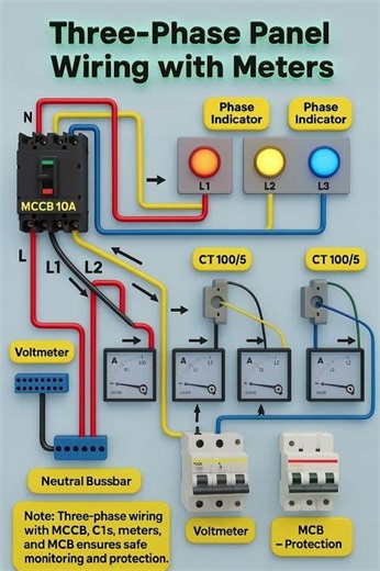 Three-Phase Panel Wiring with Meters for Monitoring & Protection #shorts