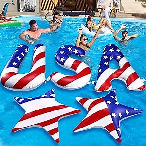 JellyArch 5 Pcs 20'' Patriotic Inflatable Pool Floats Red White and Blue USA Letter & Star Decorations 4th of July Pool Toys for Adults 250th Anniversary Memorial Day Independence Day Summer Party