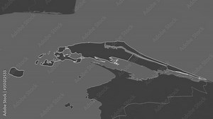 Jaffna, district with its capital, zoomed and extruded on the bilevel map of Sri Lanka in the conformal Stereographic projection. Animation 3D