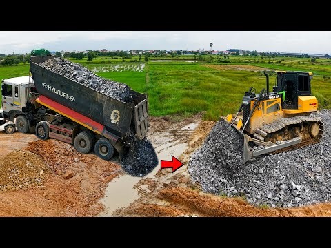 Complete Project !! Pushing Soil Paving New Road with Dump Truck 25 5To