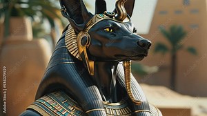 Anubis is a deity of Ancient Egypt with the head of a jackal and the body of a man, a guide of the dead to the afterlife. Close-up of an ancient Egyptian Anubis statue adorned with hieroglyphs.