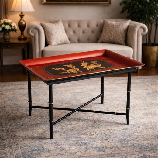 Hand Painted Red Iron Tray Table – Vintage Asian Accent Table - Etsy