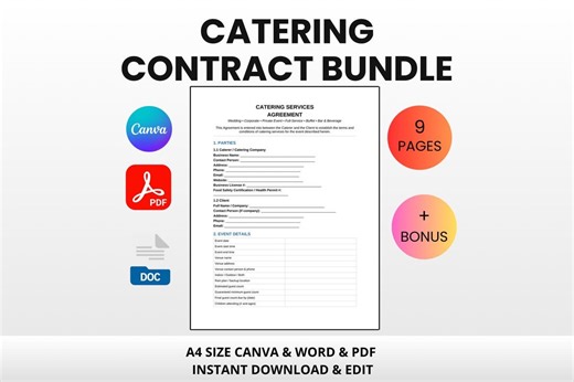 Catering Contract Bundle | Editable Canva Word PDF | Wedding Event Menu Proposal Tasting Worksheet Food Service Agreement - Etsy