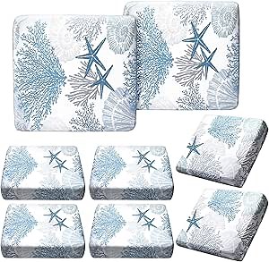 Hosuly 8 Pcs Summer Sofa Cushion Cover Patio Stretch Beach Outdoor Seat Cushions Covers Starfish Seashell Coral Replacement Couch Chair Slipcovers Coastal Sofa Seat Cover Flexibility