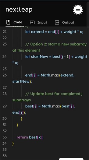 Maximum Strength of K Disjoint Subarrays | Dynamic Programming JavaScript Solution | DSA Interview