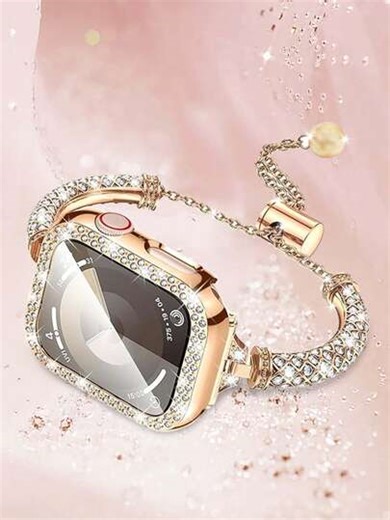 2 Stück: Glänzendes Band + Schutzhülle, elegante Damen Rose Gold glänzende Luxus Kristall Diamant PC Rahmen, eingebettet mit zwei Reihen Kristall Diamant Schutzhülle und vollständig Kristall Diamant zylindrischer verstellbarer Band, kompatibel mit Apple Watch Ultra 3/2/1 SE/S11/10/S9/S8/S7/S6/S5/S4/S3 Serie, 38mm, 40mm, 41mm, 42mm, 44mm, 45mm, 49mm, 46mm Smartwatch Zubehör, Freund Freundin Geschenk | SHEIN