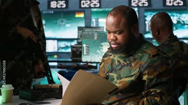 Military officer in command post receiving intel folder files on enemy battle formation. Intelligence specialist reading mission case file to collect data on opponents strategy, camera A