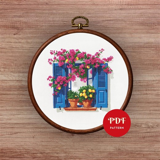 Mediterranean Window Cross Stitch Pattern PDF, Balcony Summer Design (Pattern Keeper Compatible, Instant Download)