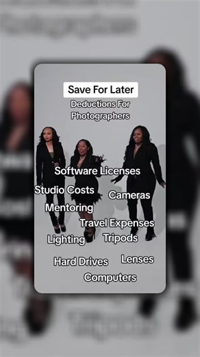 📸 Photography Business Deductions You Should Know If you’re a photographer — full-time, part-time, or side hustle — you’re considered self-employed, and that means you may qualify for more deductions than you think. Here are common photography tax deductions 👇🏽 📷 Equipment & Gear • Cameras, lenses, flashes • Tripods, lighting kits, backdrops • Repairs, maintenance, and accessories 💻 Editing & Software • Adobe Lightroom / Photoshop • Editing apps and cloud storage • Website hosting & domain 