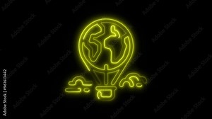 Neon Globalization Icon Video HD - Glowing World Symbol Representing Global Connectivity with Clouds on Black Background Animated for Business and Technology