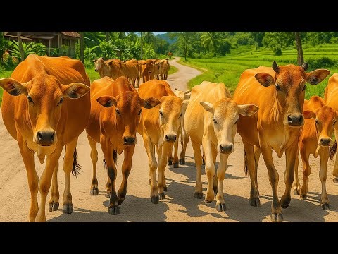 Puluhan Kerumunan Gembala Sapi Lucu Berlari Di simpangan Ladang Sambil Makan daun Menuju Kandang Mo