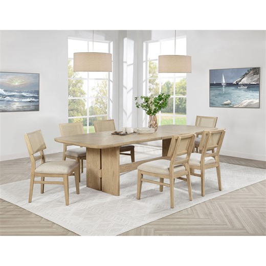 Beige Oak 7-Piece Rectangular Wood Dining Table Set with Woven Chair Backs, Light Fabric Upholstery, Beige Finish, Solid and Engineered Wood