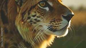 The camera tilts to focus on a cheetah's face, emphasizing its serious expression. The background blurs, highlighted by natural light and sidelights, creating a striking and intense scene