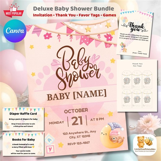 Deluxe Baby Shower Bundle Template | Invitation   Thank You Card | Favor Tags   Games | Editable Canva Template | Instant Download Printable - Etsy