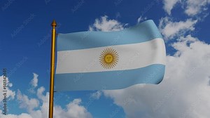 National flag of Argentina waving 3D Render with flagpole and blue sky timelapse, Republic Argentine flag textile designed by Manuel Belgrano, argentinian flag, Bandera de Ornato