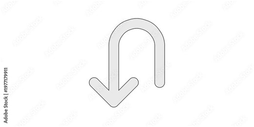 Arrow U left down icon animation for dropdown return overlays, u-turn leftward downward motion graphic, white and green screen chroma key, curved fold redirect animated element, descend wrap design