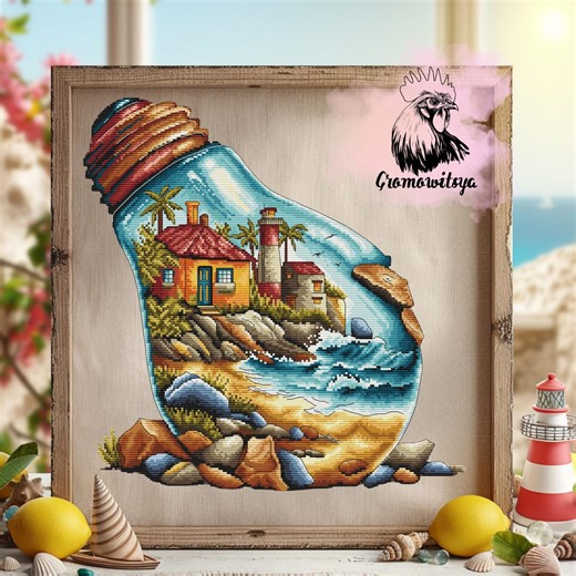 Lighthouse in Light Bulb Cross Stitch Pattern, Nautical Beach House Decor (PDF Download) - Etsy