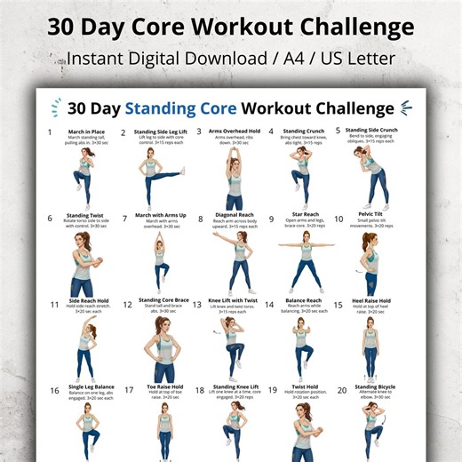30 Day Standing Core Workout Challenge, No Equipment Core Exercise Chart, at Home Standing Workout Poster, Bodyweight Core Exercises PDF - Etsy