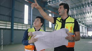 Two professional engineer male worker talking and discuss to work holding and looking at paper work in factory Industrial