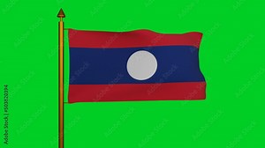 National flag of Laos waving 3D Render with flagpole on chroma key, Lao Peoples Democratic Republic flag textile by Maha Sila Viravong, coat of arms Laos independence day, Lao Issara. 4k footage