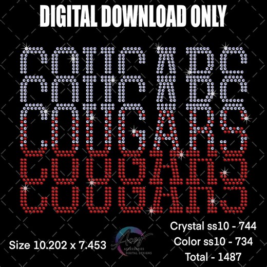 Cougars Fade Stacked Rhinestone Design | SS10 Mascot Bling | School Spirit Shirt File | Digital Download - Etsy