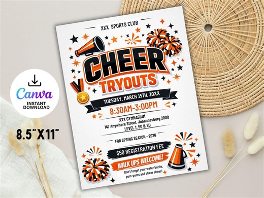 Editable Cheer Tryout Flyer Template, Cheerleading Team Tryouts Printable, Orange and Black, Instant Download - Etsy