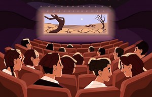 Premium Vector | Happy people watch movie in cinema theatre Audience sits on rows of seats chairs at hall with screen Spectators viewers are at film premiere in video theater back view Flat vector illustration