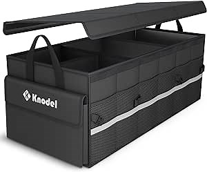K KNODEL Car Trunk Organizer with Lid, 3 Compartments Collapsible Car Trunk Storage Organizer, Large Car Organizer and Storage for SUV, Truck, Sedan (Large, Black)