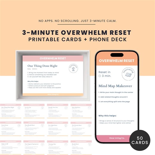 3-minute Overwhelm Reset Cards | Printable Stress Relief Cards   Phone Deck | Calm Down Fast, Anxiety Help, Self Care Toolkit - Etsy