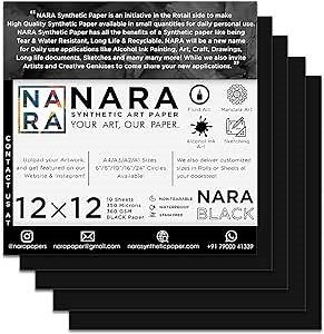 NARA Alcohol Ink Paper | Black | 12 inches x 12 inches (12”x12”) | 350 microns/360 GSM | Medium+ Paper | 20 Sheets | Paper for Alcohol Ink Art Painting | 100% Stain-Free