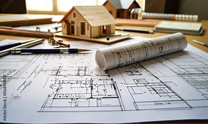 Architectural blueprints with a model house and drafting tools on a workspace.