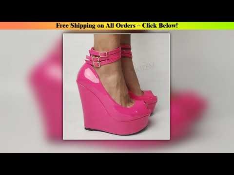 LAIGZEM Women Platform Wedges Pumps Ankle Straps Shiny - Simple But Practical | Smart Choice |