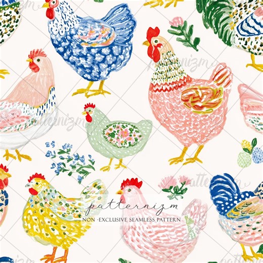 Seamless Chicken Pattern Digital Download – Whimsical Colorful Hens and Roosters, Cottagecore Farm Animal Fabric Print - Etsy