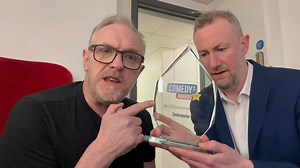 Greg Davies and Little Alex Horne accept the award for Taskmaster. https://www.comedy.co.uk/news/8238/comedy-co-uk-awards-2024-winners/ | British Comedy Guide