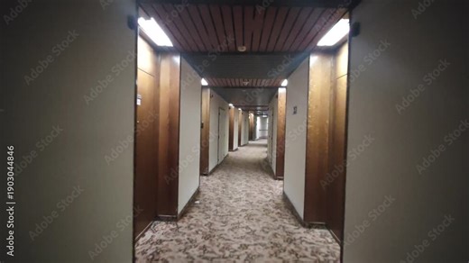 Moving forward through a never-ending hotel hallway with retro design elements. Closed doors line both sides, creating a surreal, laminar, and hypnotic space.