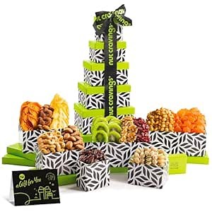 NUT CRAVINGS - Purim Mishloach Manot Dried Fruit & Mixed Nuts Gift Basket, Leaf Tower + Ribbon (12 Assortments) Ramadan Gifts Food Arrangement, Healthy Snack Care Package, Kosher